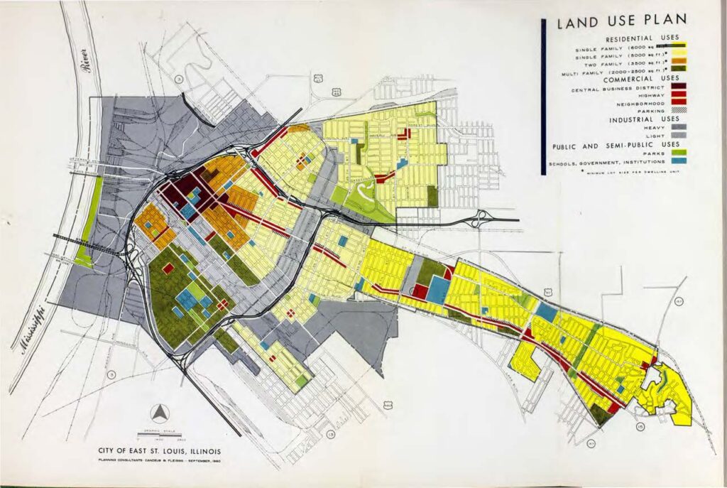 Historic planning exhibit related to land use and transportation in the study area.