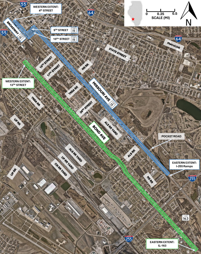 Aerial map of the East St. Louis, Illinois area showing two highlighted transportation corridors. A blue corridor follows Illinois Route 15 along Broadway and Missouri Avenue from 4th Street on the west to the I‑255 ramps on the east. A green corridor follows Bond Avenue from 13th Street on the west to Illinois Route 163 on the east. The map labels major streets, rail lines, rail yards, Interstate 55, Interstate 64, Interstate 255, Metrolink, and nearby landmarks. An inset map marks the project location within Illinois, with a north arrow and scale bar.